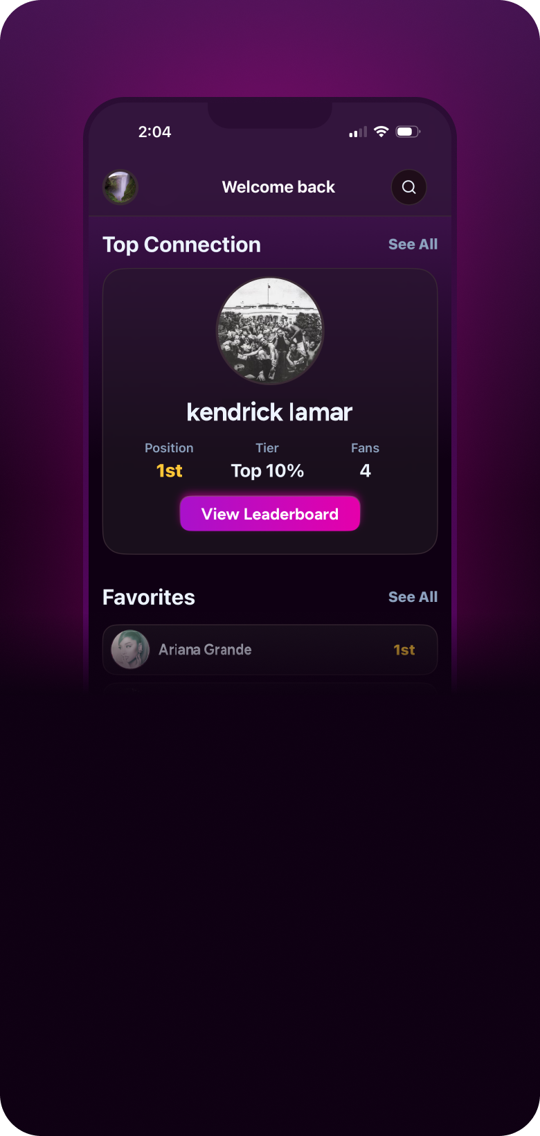 Vida mobile app showing fan verification dashboard with Kendrick Lamar as top connection, displaying 1st position, Top 10% tier, 4 fans, and View Leaderboard button, plus Ariana Grande in Favorites section